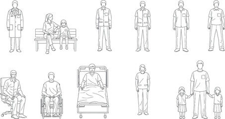Obraz premium Set of medical staff and patients in hospital environment line art vector illustration for healthcare design and infographics