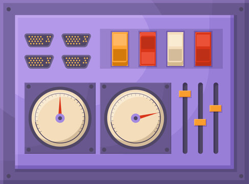 Control panel with analog gauges, toggle switches, and faders