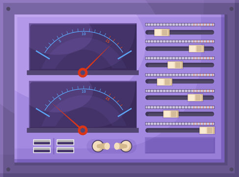 Audio mixer showing sound level meters and channel faders for music production