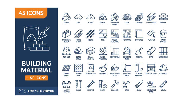 Building Materials icon set. Editable stroke. Vector illustration
