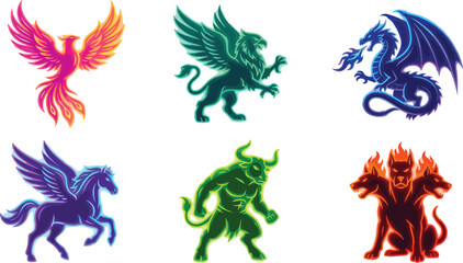 Obraz premium Mythological Creature Vector Icon Set Featuring Phoenix, Griffin, Dragon, Pegasus, Minotaur, and Cerberus for Fantasy Gaming and Mascot Logo Designs