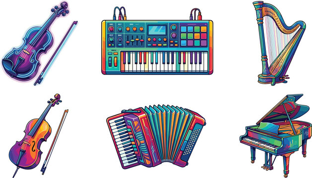 Musical Instrument Vector Icon Set Featuring Violin, Synthesizer Keyboard, Harp, Cello, Accordion, and Grand Piano with Colorful Pop Art Patterns for Concert Designs