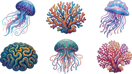 Ornate Underwater Sea Life Vector Collection Featuring Stylized Jellyfish Species and Intricate Coral Formations for Summer Aquarium Theme Designs © Mahadi