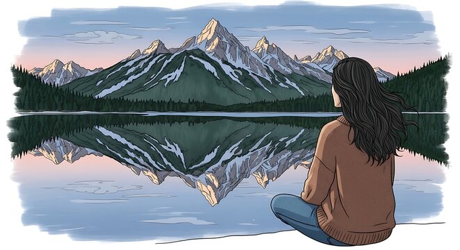 Woman sitting on rock enjoying mountain lake view.