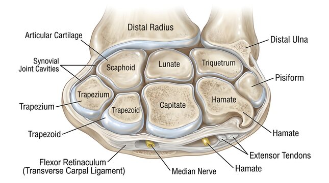 Cross‑sectional anatomy of the human wrist showing proximal and distal carpal bones (scaphoid, lunate, triquetrum, pisiform, trapezium, trapezoid, capitate, hamate), articular cartilage, flexor retina