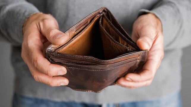 Person holding an empty brown leather wallet with both hands
