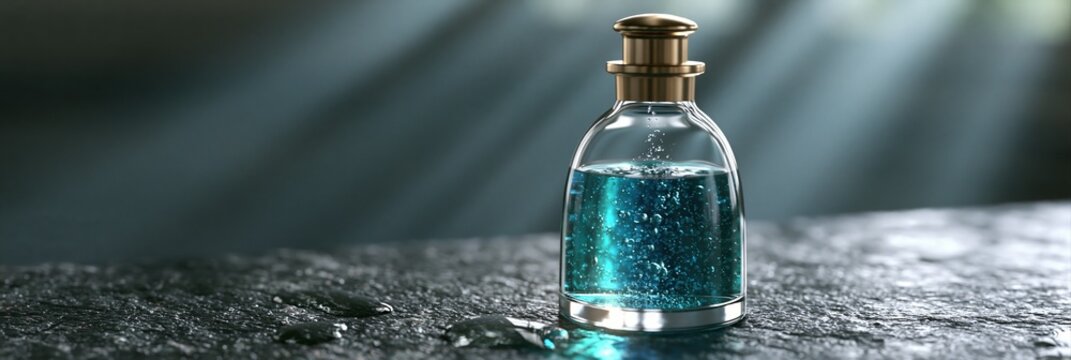 Glass bottle with blue liquid and bubbles, illuminated by dramatic light rays, on a dark textured surface