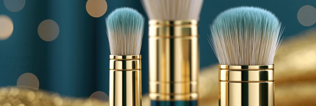 Luxury makeup brushes with golden handles and teal tips on a festive bokeh background