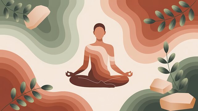 A modern editorial illustration poster featuring a serene figure in lotus meditation pose surrounded