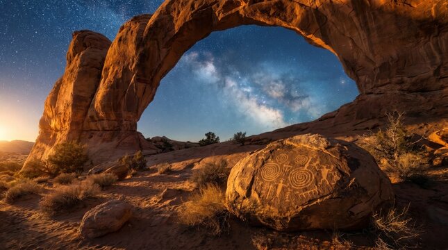Milky way galaxy over north window arch in arches national park with ancient petroglyphs on a desert rock in the foreground