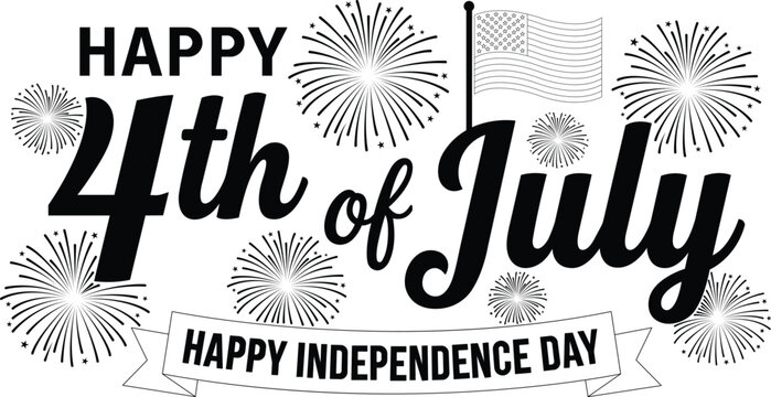Happy 4th of july independence day black silhouette script typography with american flag fireworks and ribbon
