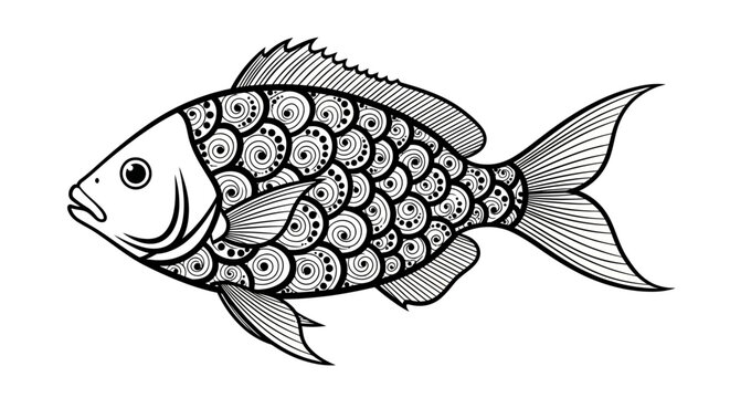 Ornate black and white fish illustration in zentangle style.