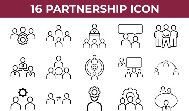  20 Partnership Web Icon Set in Linear Style. Collection of Partnership advice line icons, including expertise, knowledge, specialist, skill, advice, mastery, mentor, teamwork, and win-win, and more. 