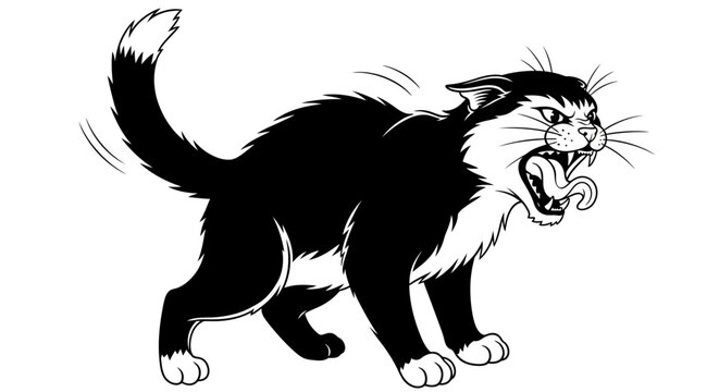 Angry black and white cartoon cat hissing with an arched back and bared teeth