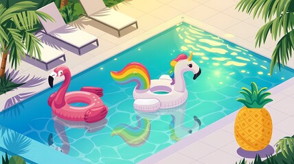 Fototapeta premium A premium 3D illustration of a modern infinity swimming pool with crystal-clear turquoise water and
