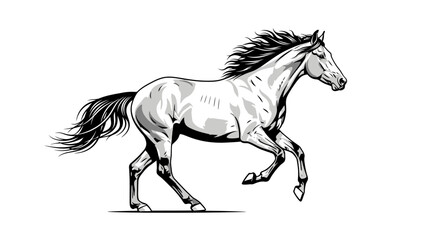 Elegant horse running with flowing mane and tail, black and white illustration. © verikans