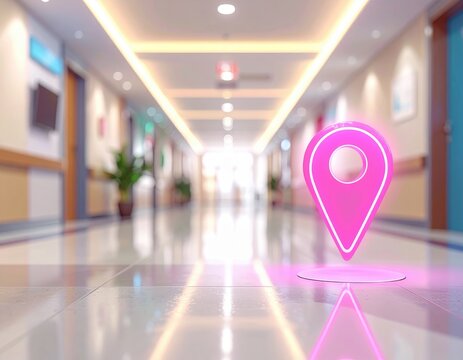 Neon location marker in hospital corridor