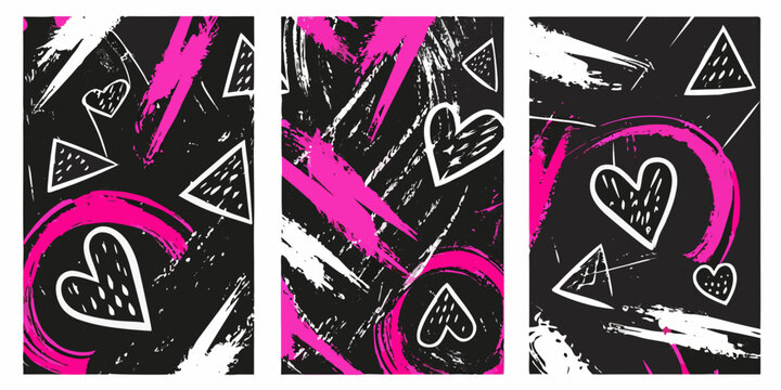 Geometric heart and triangle pattern with brushstroke texture black background