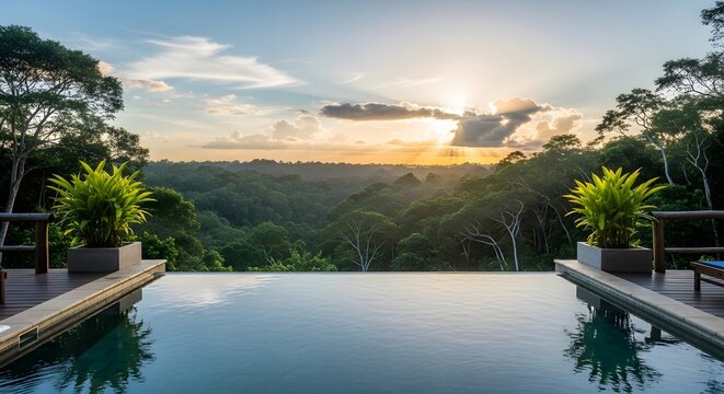 Infinity pool overlooking a vast tropical rainforest at sunset with beautiful vibrant sky.