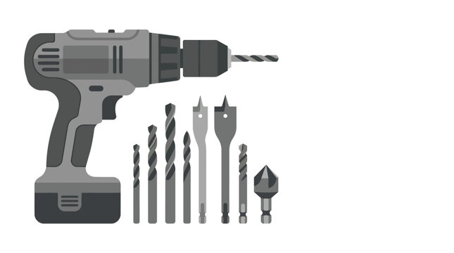 A professional cordless power drill with a set of various drill bits.