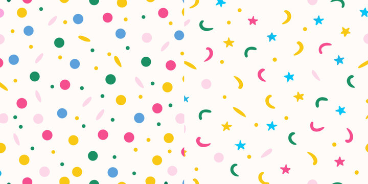 Colorful confetti pattern with circles stars and crescent shapes
