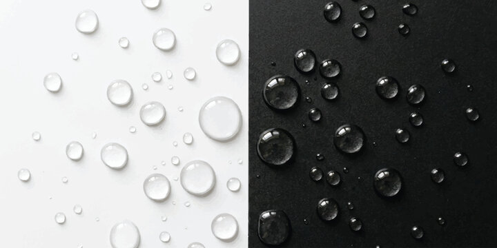 Clear water droplets on a split surface of black and white colors