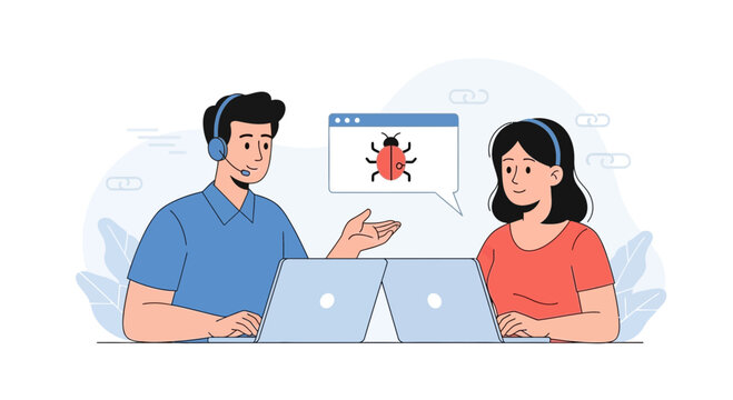 Teamwork in software development: Debugging code with a bug icon on screen, collaboration, support, and IT solutions.