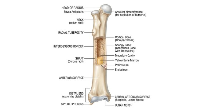 Anatomy of the human radius showing head, neck, radial tuberosity, interosseous border, shaft with compact cortex and spongy bone, medullary cavity containing yellow marrow, distal end, styloid proces