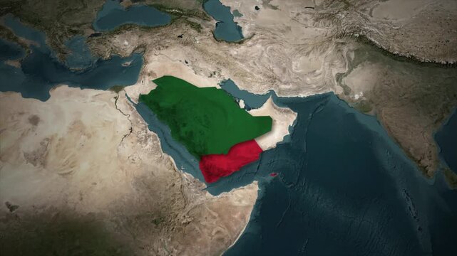 Arabian Peninsula Countries Highlighted Animation on Satellite World Map