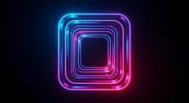 Abstract neon glowing square tunnel frames in blue and pink light