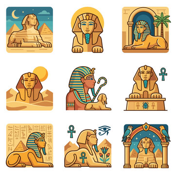Ancient Egypt vector icon set with Sphinx pyramids and pharaoh symbols