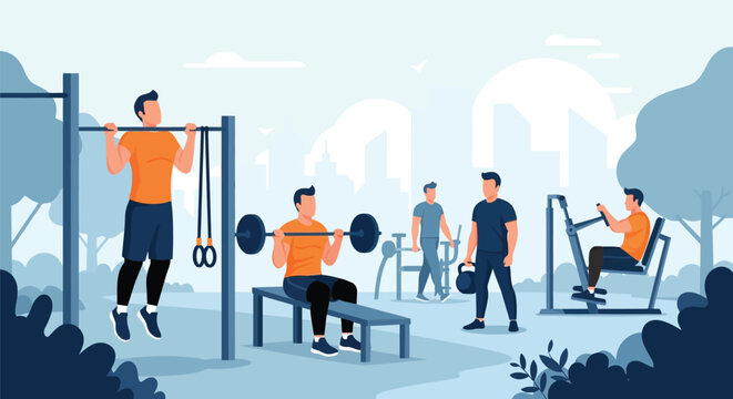 Group of athletic men exercising in public park gym doing pull ups barbell lifting and machine training workout healthy outdoor fitness lifestyle concept.