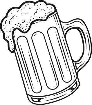 Vector line art of a beer mug with overflowing foam. Minimalist beer glass icon isolated on white background.