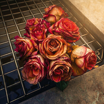 Wilting red and orange roses bouquet on a metal grid, moody digital illustration