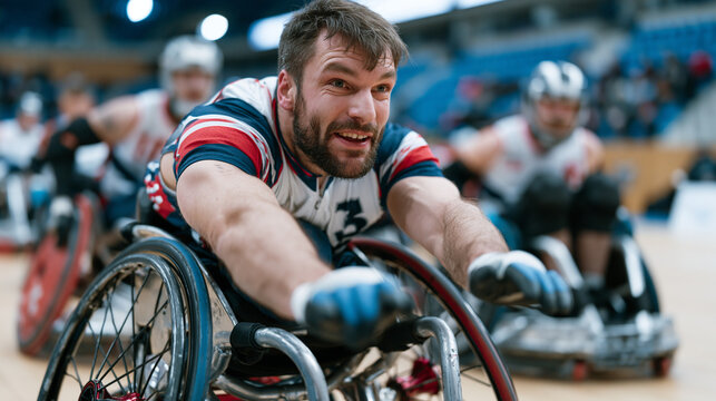 Wheelchair rugby quad player executing key pass off the back of chair during full contact Para tournament game, arena court, teammates driving offensive formation, specialised collision chairs with 