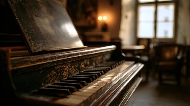 harpsichord. Quiet room in an old castle at dusk, a dusty harpsichord in warm fading light. travel magazines, destination branding, designed for travel destination branding, used by brand managers.