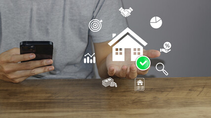 Man analyzing real estate investment on smartphone, managing property mortgage, financial planning, house loan approval, market search, asset valuation, and investment strategy for profit growth © denis