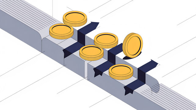 Isometric Illustration Of Coins Moving Along A Conveyor Belt