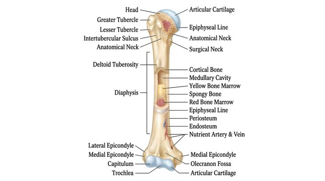 Detailed anatomy of the human humerus showing head, tubercles, anatomical and surgical necks, deltoid tuberosity, diaphysis, medullary cavity with yellow marrow, red marrow in epiphyses, epicondyles, 