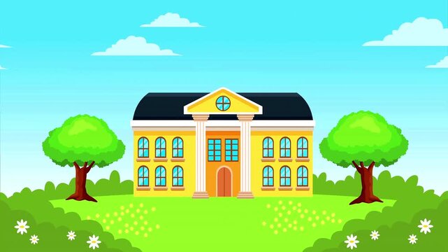 Large school building exterior animation with columns and green grass under moving white clouds.