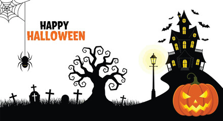 Happy halloween illustration with haunted house, spooky trees, graveyard, spider web, and pumpkin on white background, perfect for holiday greetings. © shamim shamim
