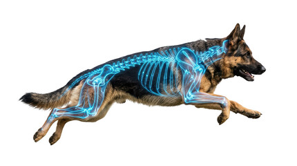 Fototapeta premium Dynamic running dog with x-ray skeleton visualization outdoor environment high fidelity concept action photography