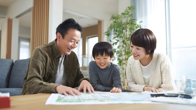 家族でハザードマップを確認する防災対策と避難計画のイメージ