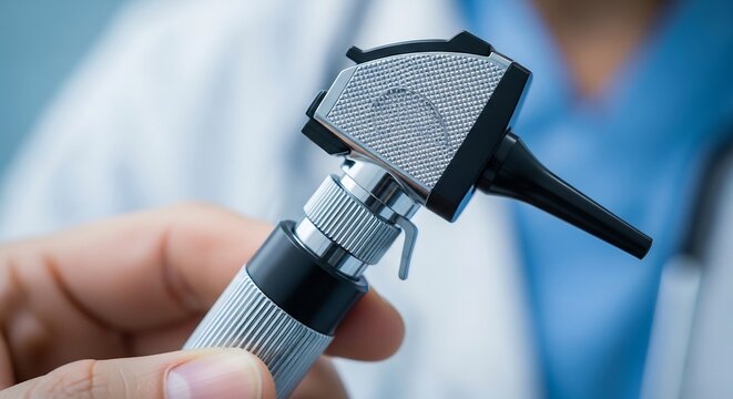 Close-up of an otoscope held by a medical professional.