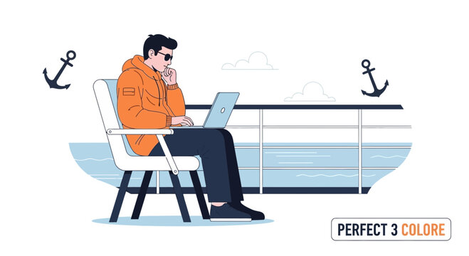 Man Working Remotely on Cruise Ship Deck with Laptop and Ocean View