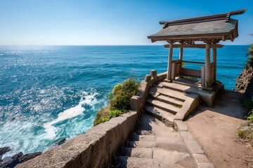 Fototapeta premium 青い海を望む海辺の神社と石段の夏の観光風景