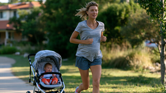 Postpartum runner completing her first slow jog through a quiet suburban park, a pram pushed ahead, a gentle pace replacing her former training intensity, the return to movement visible in posture a