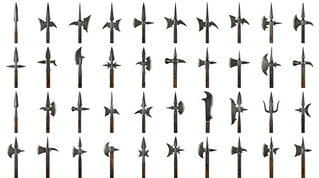 Collection of Medieval Polearm Weapons isolated on white background
