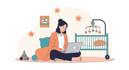 Obraz premium Mother working remotely on laptop next to baby crib, balance of family and career, modern parenting concept
