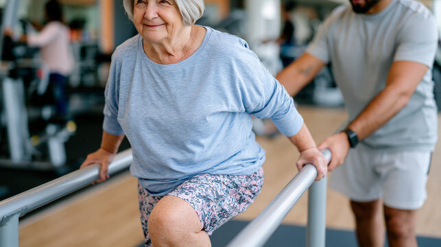 Seventy-three-year-old woman performing single-leg balance exercise beside parallel bars in community senior fitness center, personal trainer spotting her, functional movement aging, fall prevention